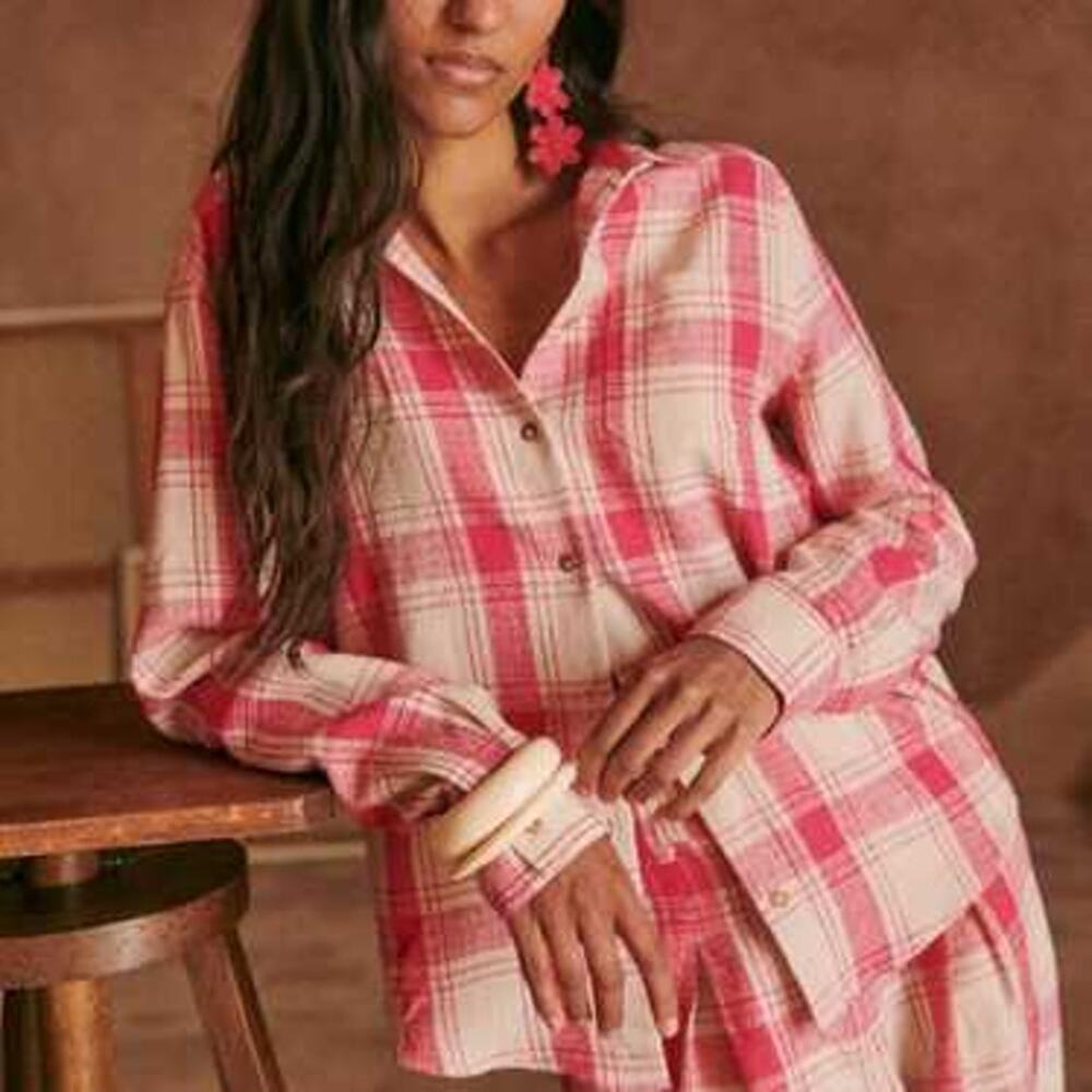 Sézane Tomboy Linen Blend Plaid Button Front Shirt Blouse,